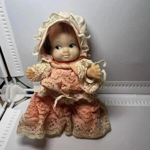 Vintage 5” Babydoll With Bonnet Ruffled Peach Dress